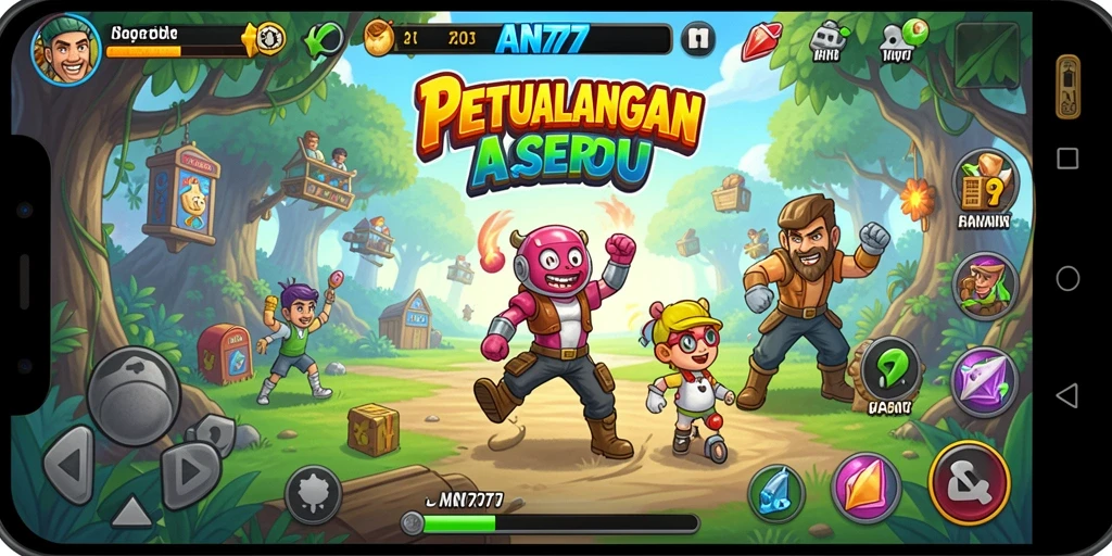 Screenshot menampilkan gameplay seru AN777 dengan karakter melawan rintangan.