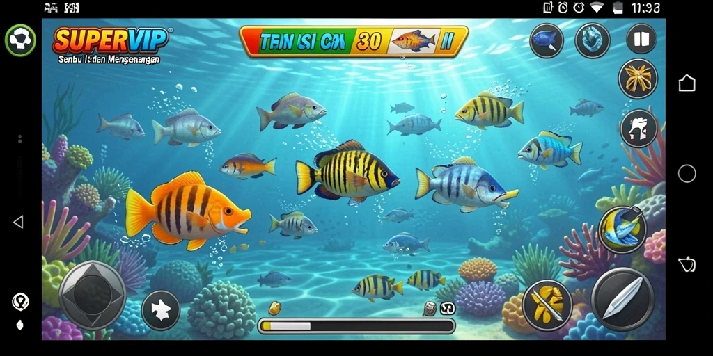 Tampilan gameplay seru dalam SUPERVIP menunjukkan aksi menembak ikan.
