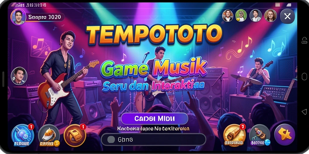 Tampilan gameplay seru TEMPOTOTO dengan berbagai instrumen musik.